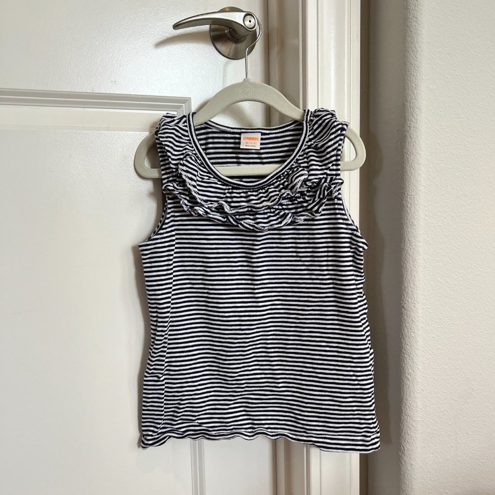 Girl's Gymboree 100% Cotton Ruffle Tank Top M 7/8 Blue White Stripe Like New!